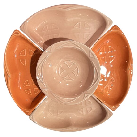 Vintage MCM Maurice of CA Pottery Serving Dish Chip Dip 5 Piece Coral Rose S-14 - Picture 4 of 12